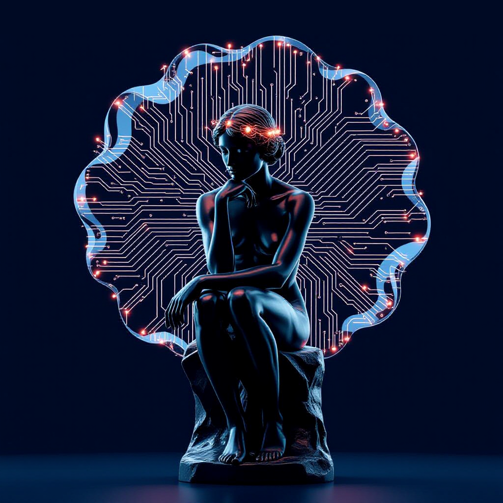 Futuristic, Rodin's inspired female thinker statue with a luminous circuitry aura
